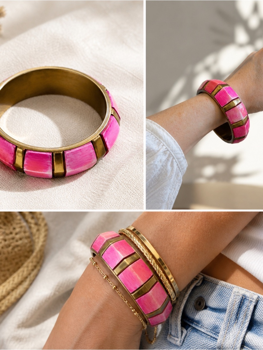 Pink Inlay Metal Bangle Bracelet - Women Jewelry